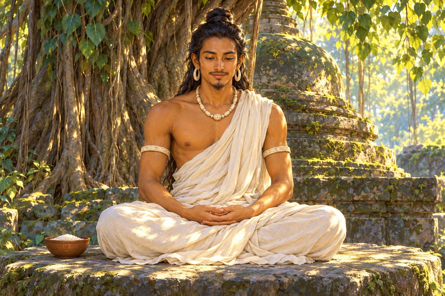 Close portrait of a young yogi in a plain white cloth and carved bone ornaments, seated in meditation with hands resting in his lap beneath a great tree, his face calm and content.