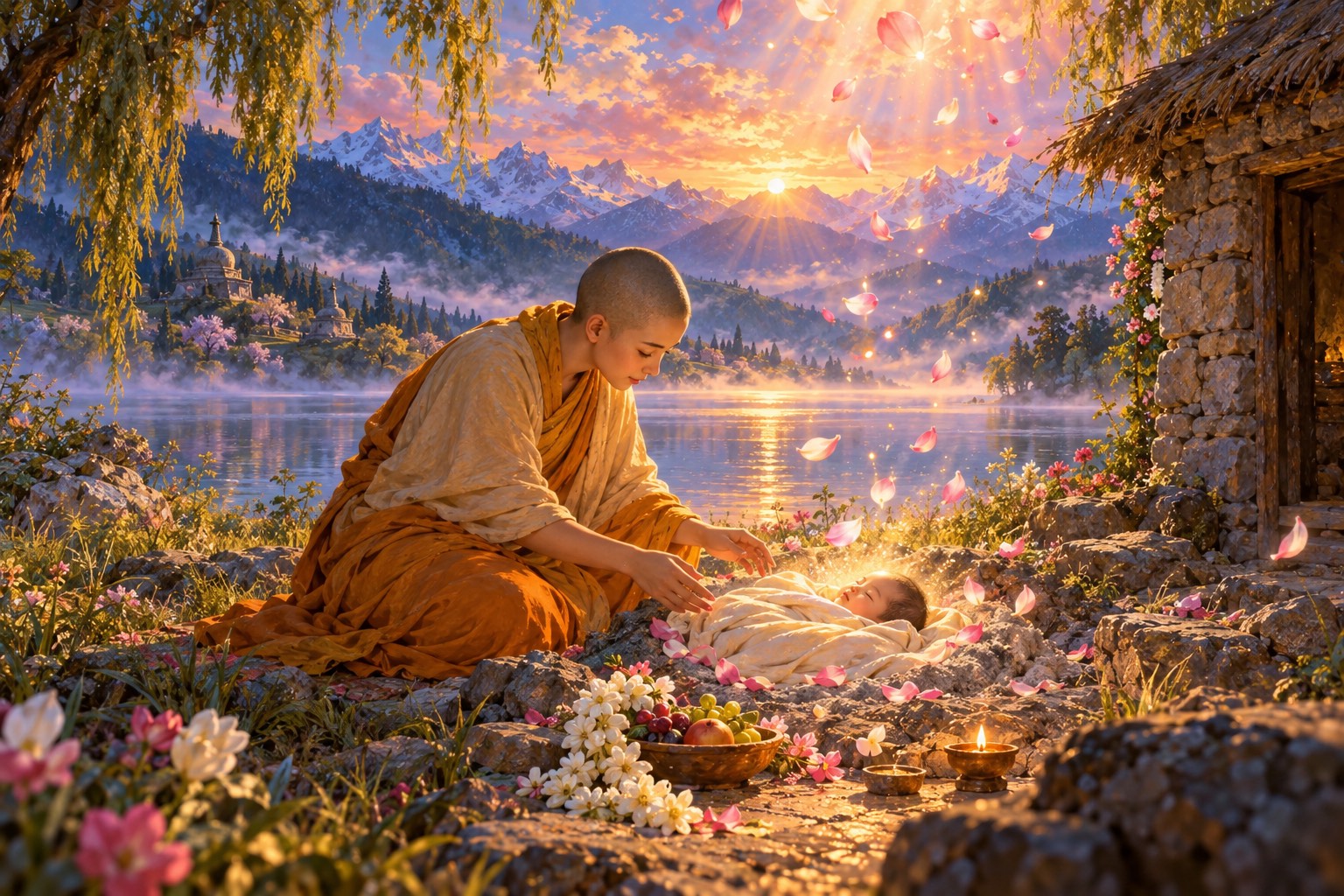 At dawn a kneeling nun reaches toward a newborn lying calmly on soft grey ash, while lotus petals and small lights drift down from a rose sky.