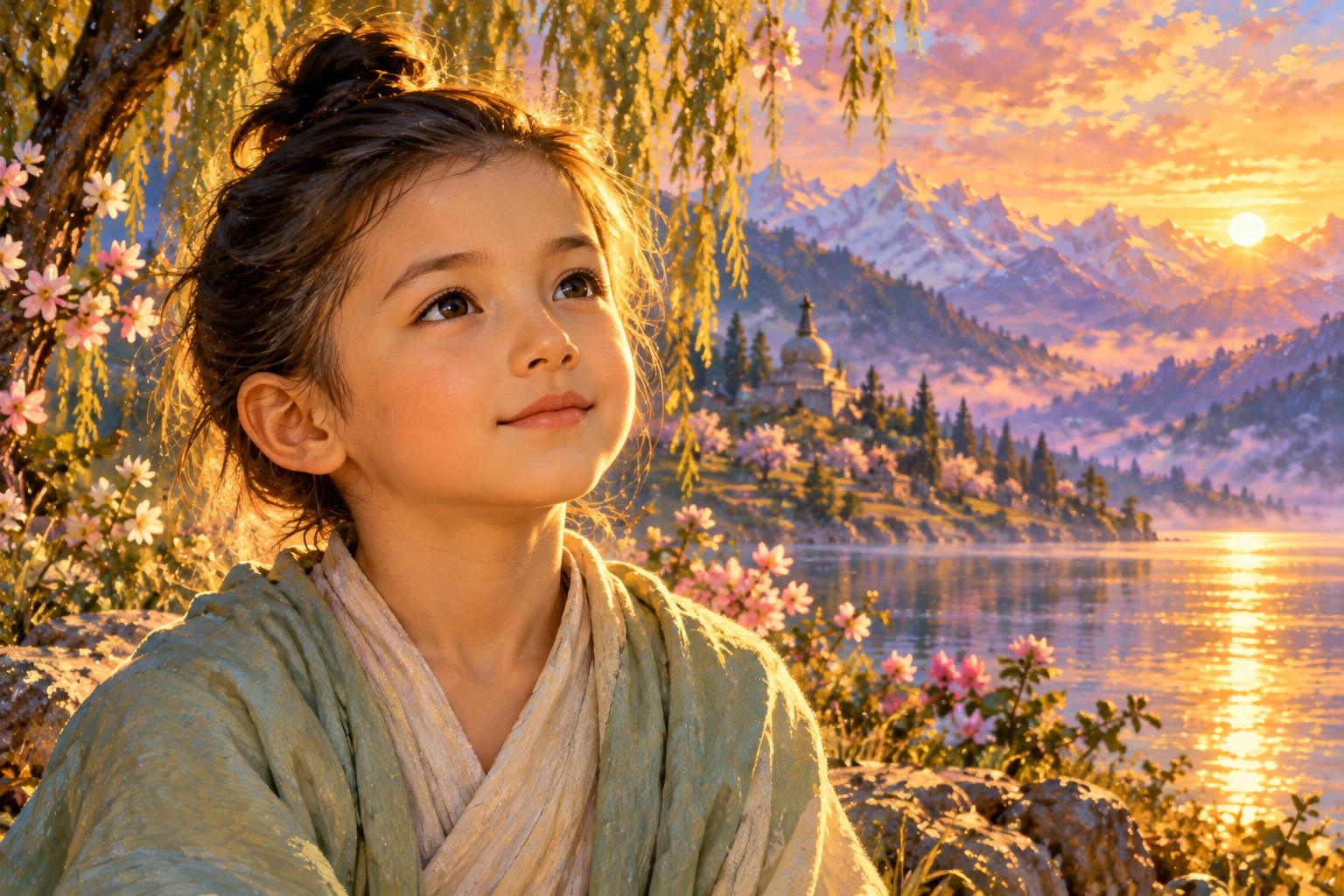 Close portrait of a calm young boy with a pale complexion and a small topknot, lit by golden afternoon light against blurred blossom and lake.