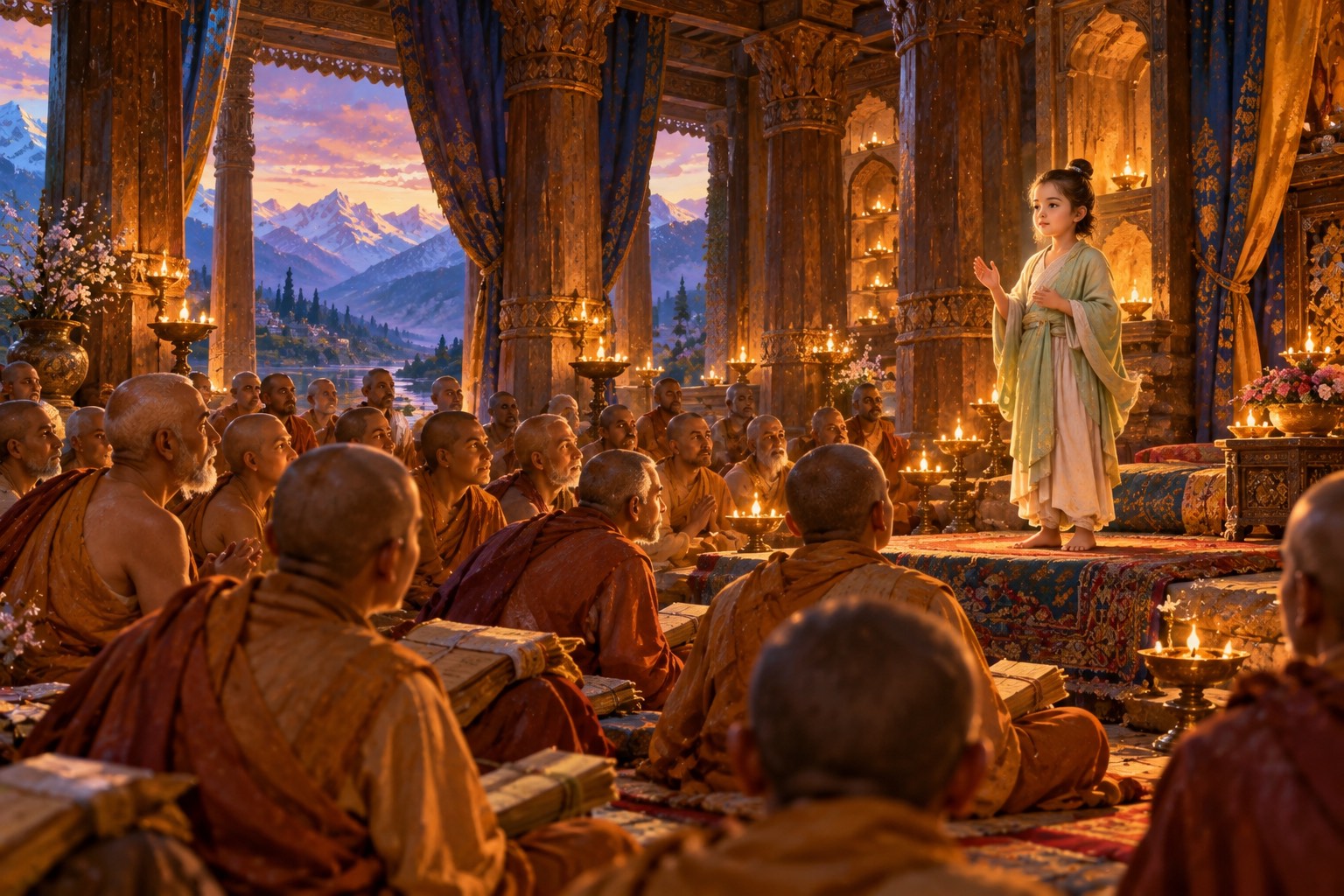 In a lamp-lit palace hall, rows of seated monk-scholars in ochre robes turn toward a small calm boy standing on a low dais.