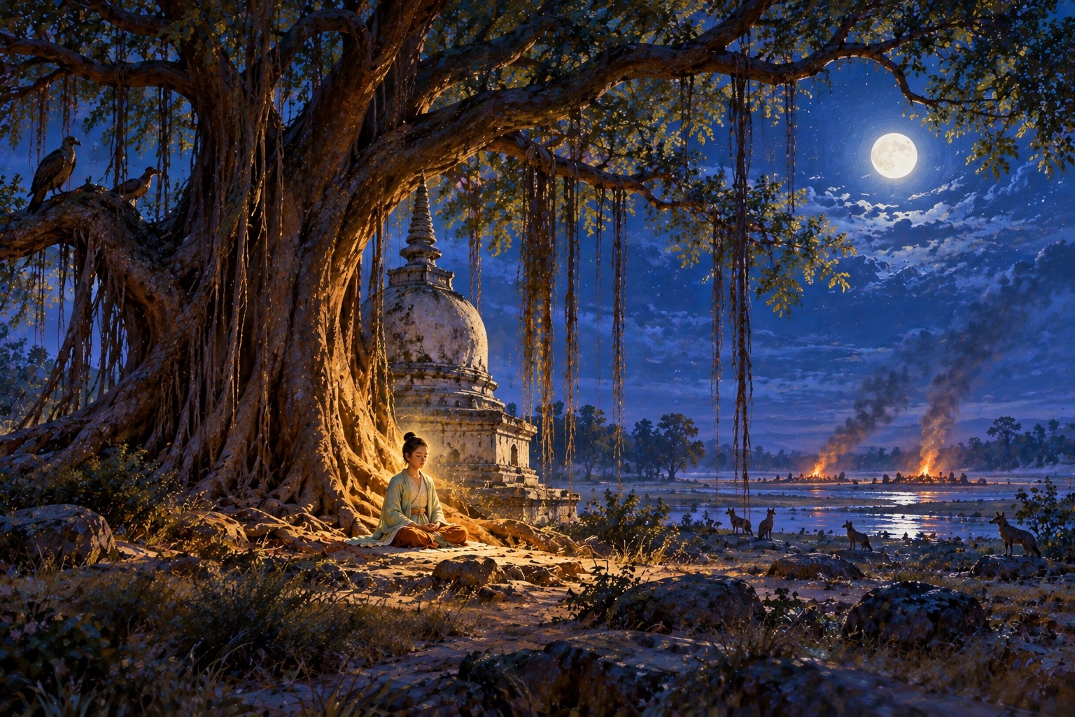Under a full moon, a youth sits in meditation beneath a vast banyan tree beside a white stupa, with small distant fires glowing on the plain.