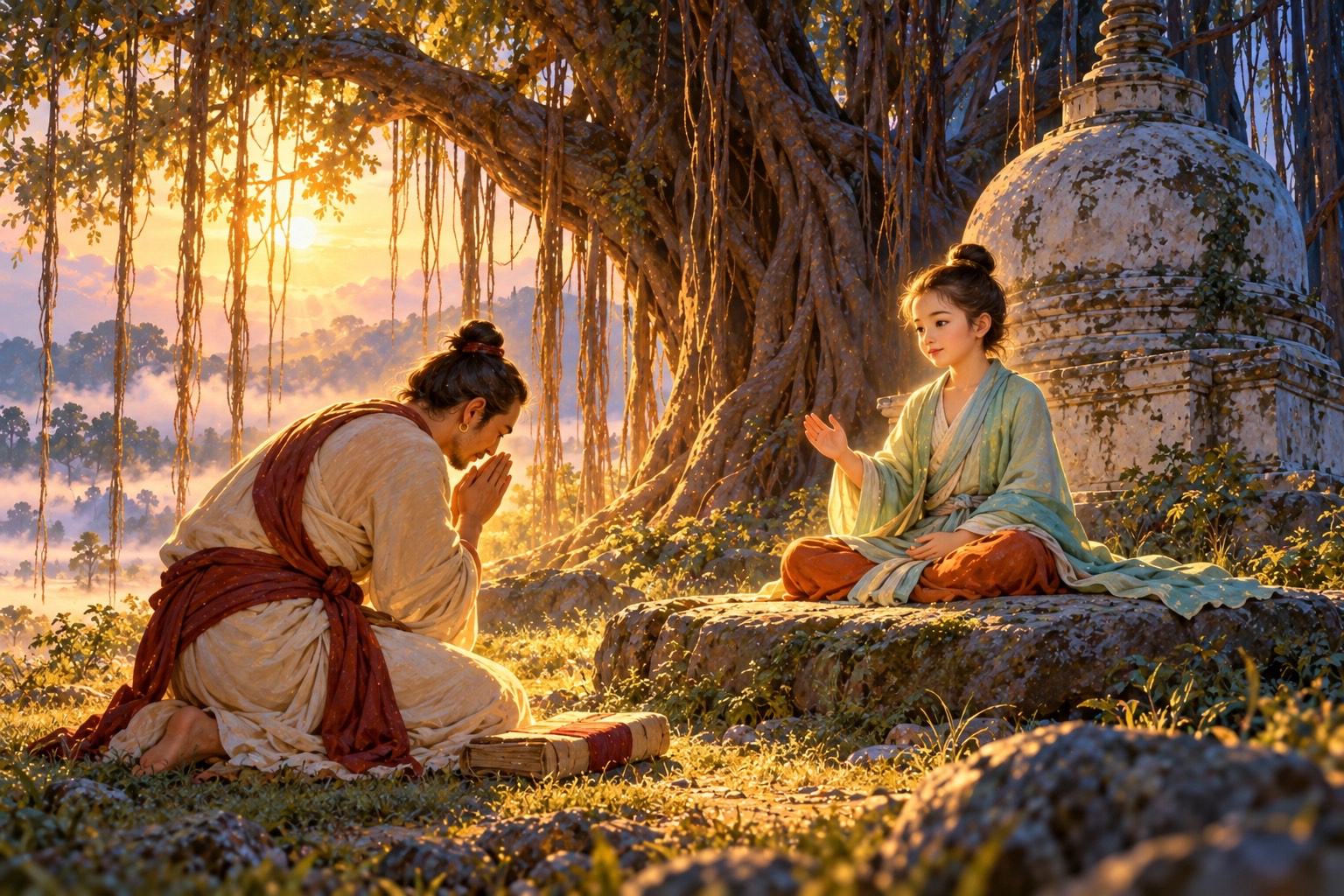 At dawn beneath a banyan tree, a kneeling Indian scholar bows with joined palms before a serene pale youth seated on a low stone.