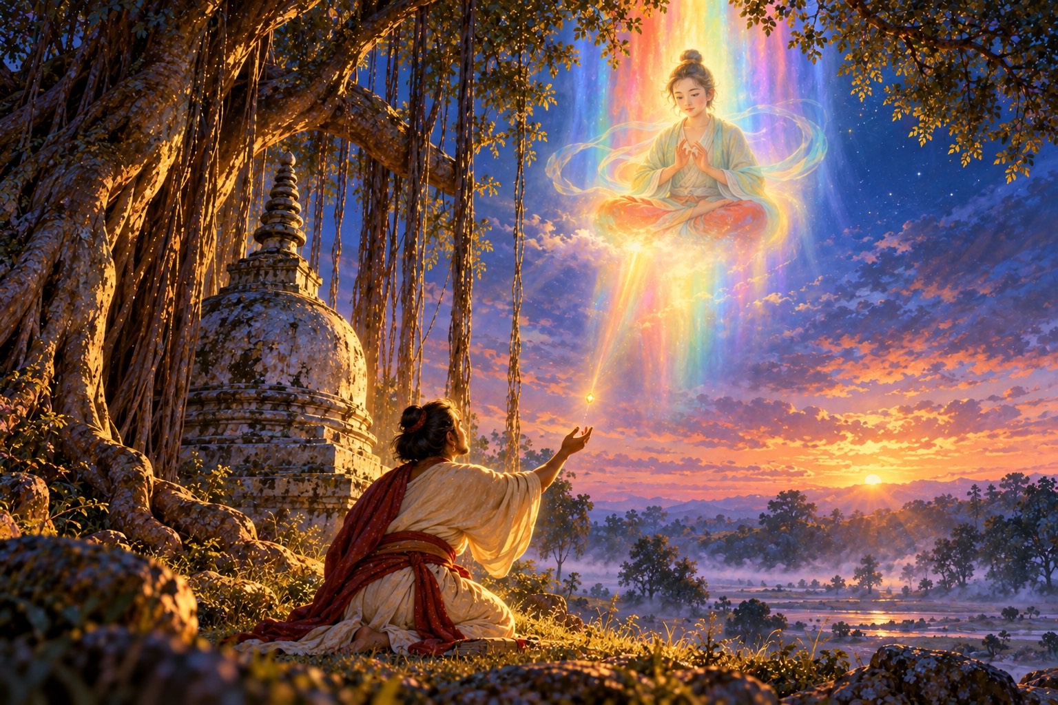 Looking up from a kneeling disciple, a serene figure high in the dawn sky above a banyan and stupa dissolves into a soft column of rainbow light.