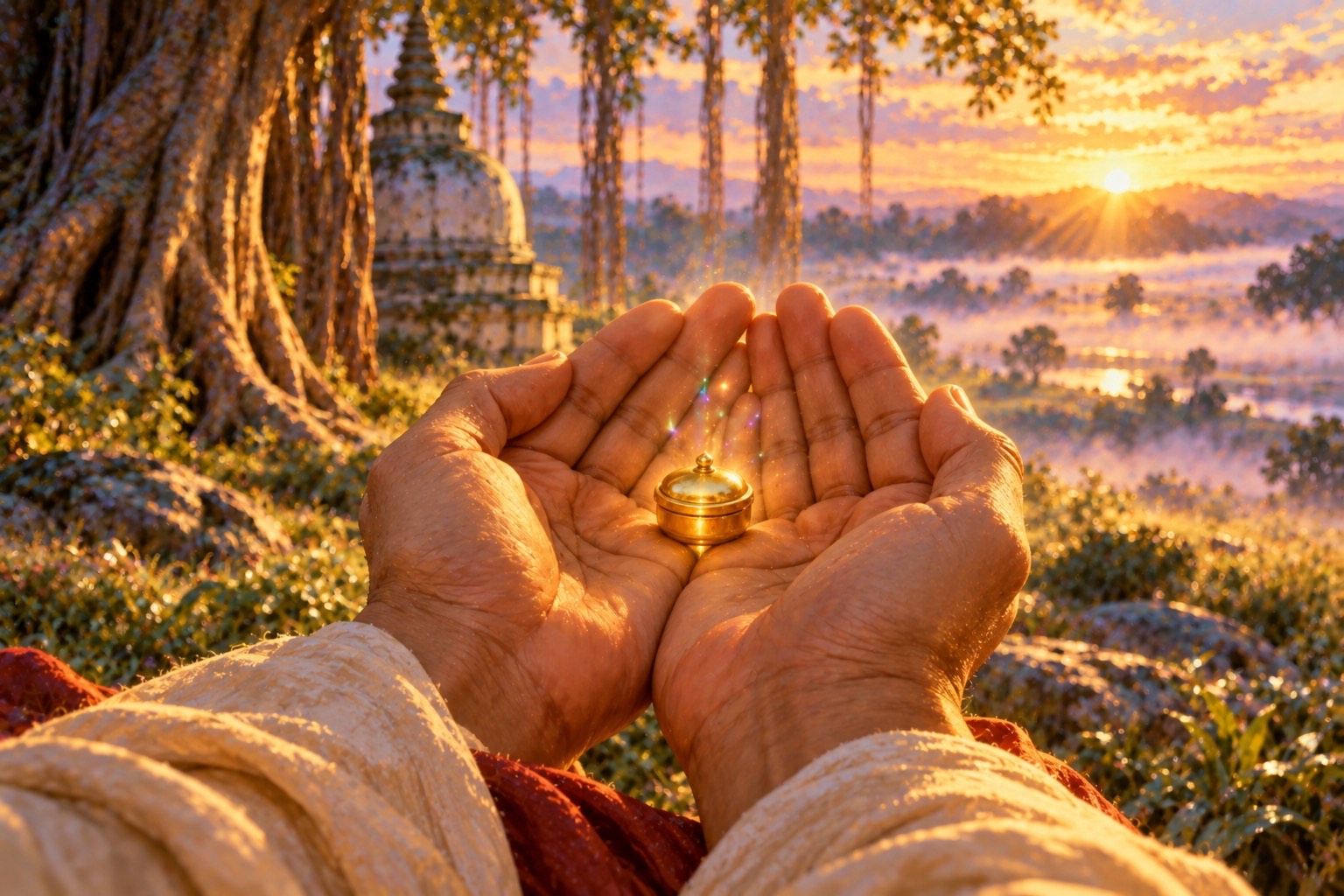 Close-up of two cupped hands holding a tiny glowing golden casket, with faint rainbow motes above and misty grass behind.