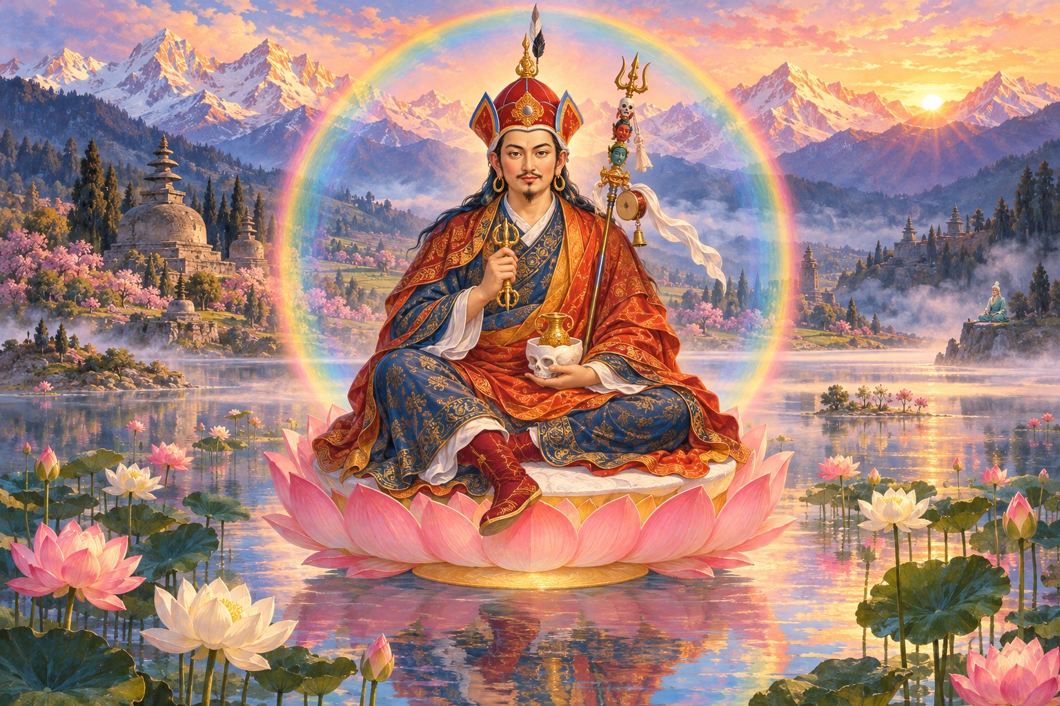 Guru Rinpoche seated on a pink lotus in a rainbow sphere above a still lake at dawn, with lotuses around him and glowing snow peaks behind.