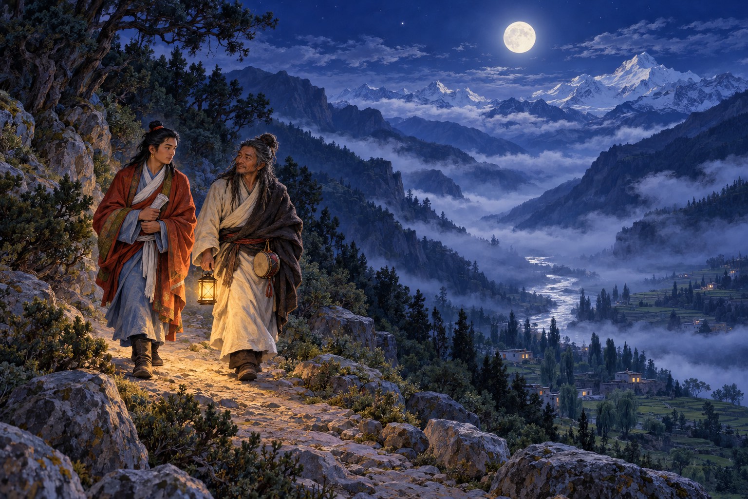 Two men walk a mountain path under a full moon: a young man in a red-orange shawl holding a wrapped scroll case to his chest, and an older yogi in white with long tied-up hair and a small drum at his belt. Misty valleys and faint snow peaks lie below.