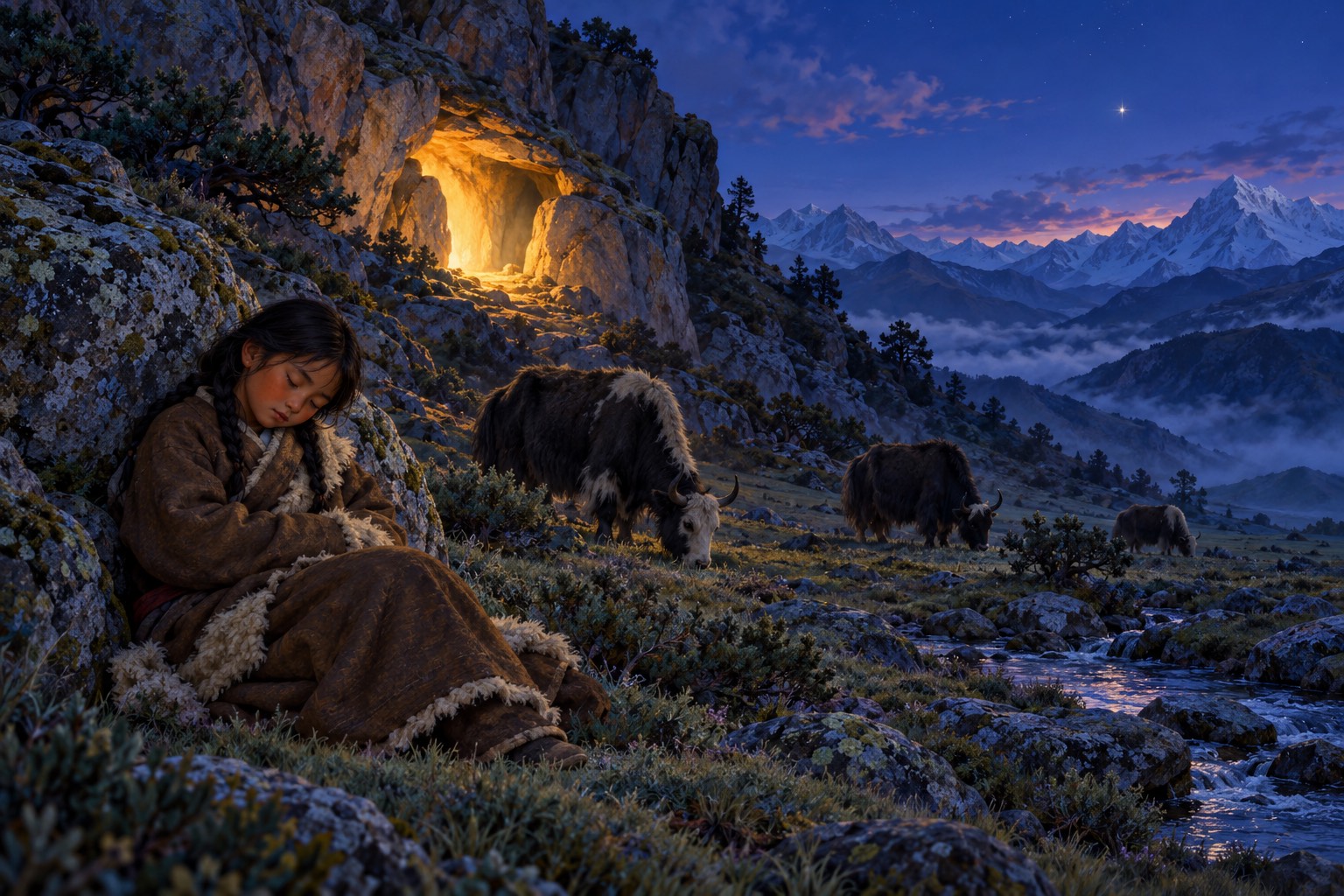 At dusk in a high pasture, a young girl in a sheepskin sleeps against a boulder while shaggy cattle graze. Behind her, warm golden light glows from a small cave in a cliff under a deep blue sky.