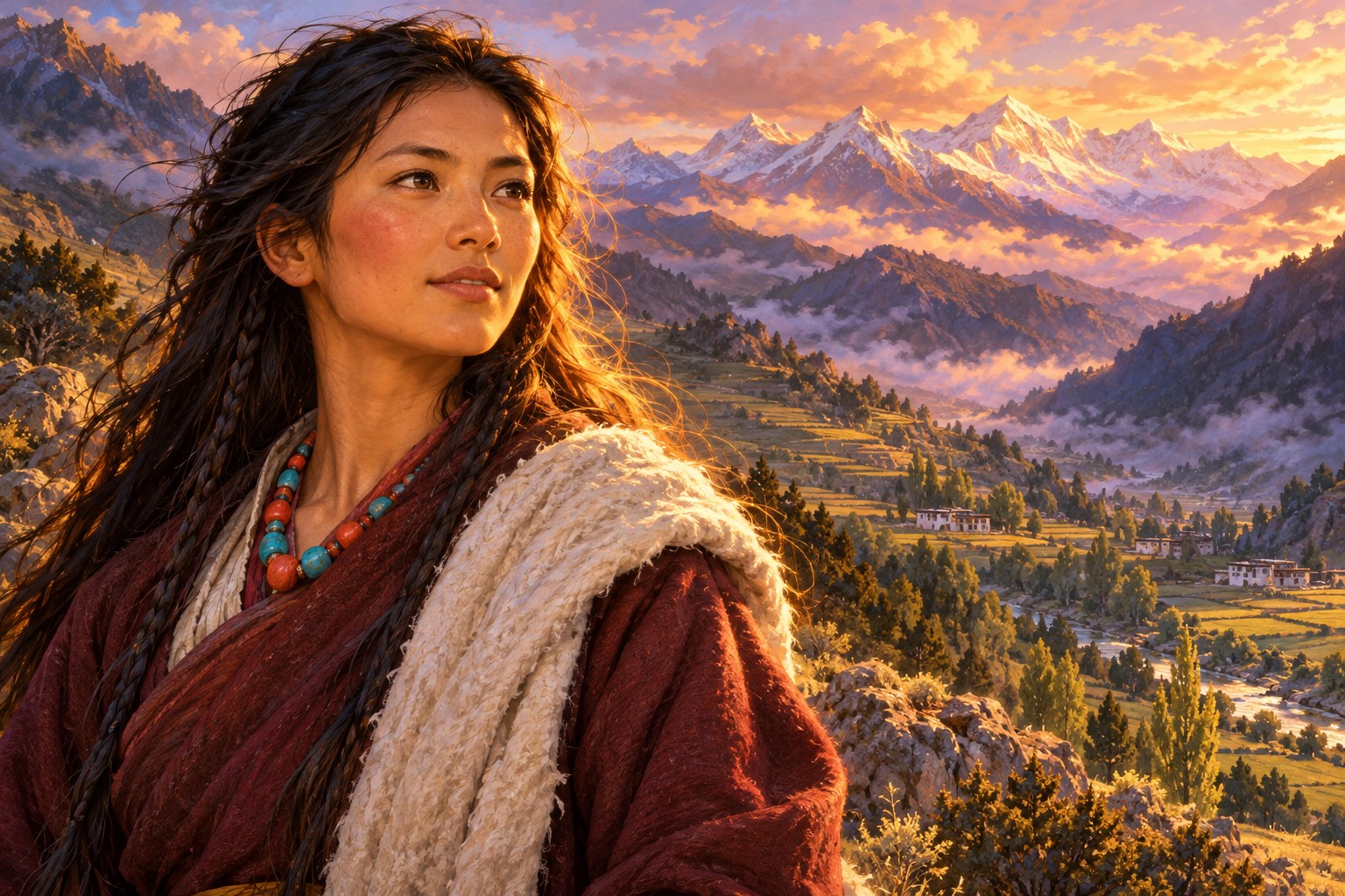 Head-and-shoulders portrait of a young Tibetan woman with long loose black hair, a white shawl and a coral and turquoise necklace, gazing calmly into the warm evening light with a soft valley behind her.