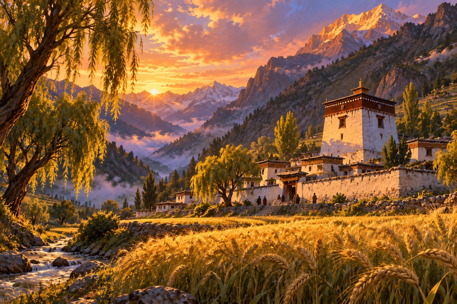 Seen from low among barley and willow trees, a small square whitewashed temple tower with a dark red band below its flat roof stands at the foot of a steep mountain glowing in the sunset.