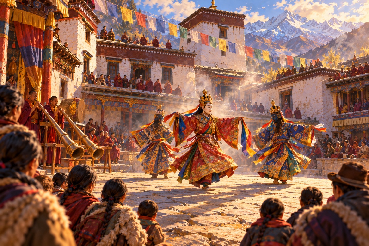 In a sunny monastery courtyard, three dancers in long brocade robes and large painted masks turn in a slow circle while families, children and monks watch from steps and rooftops.