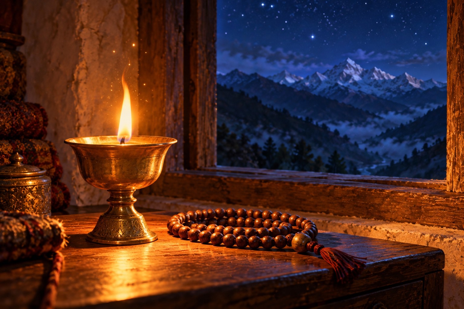 A single brass butter lamp burns on a wooden table at night beside a coiled wooden mala, with a dark starry window behind.