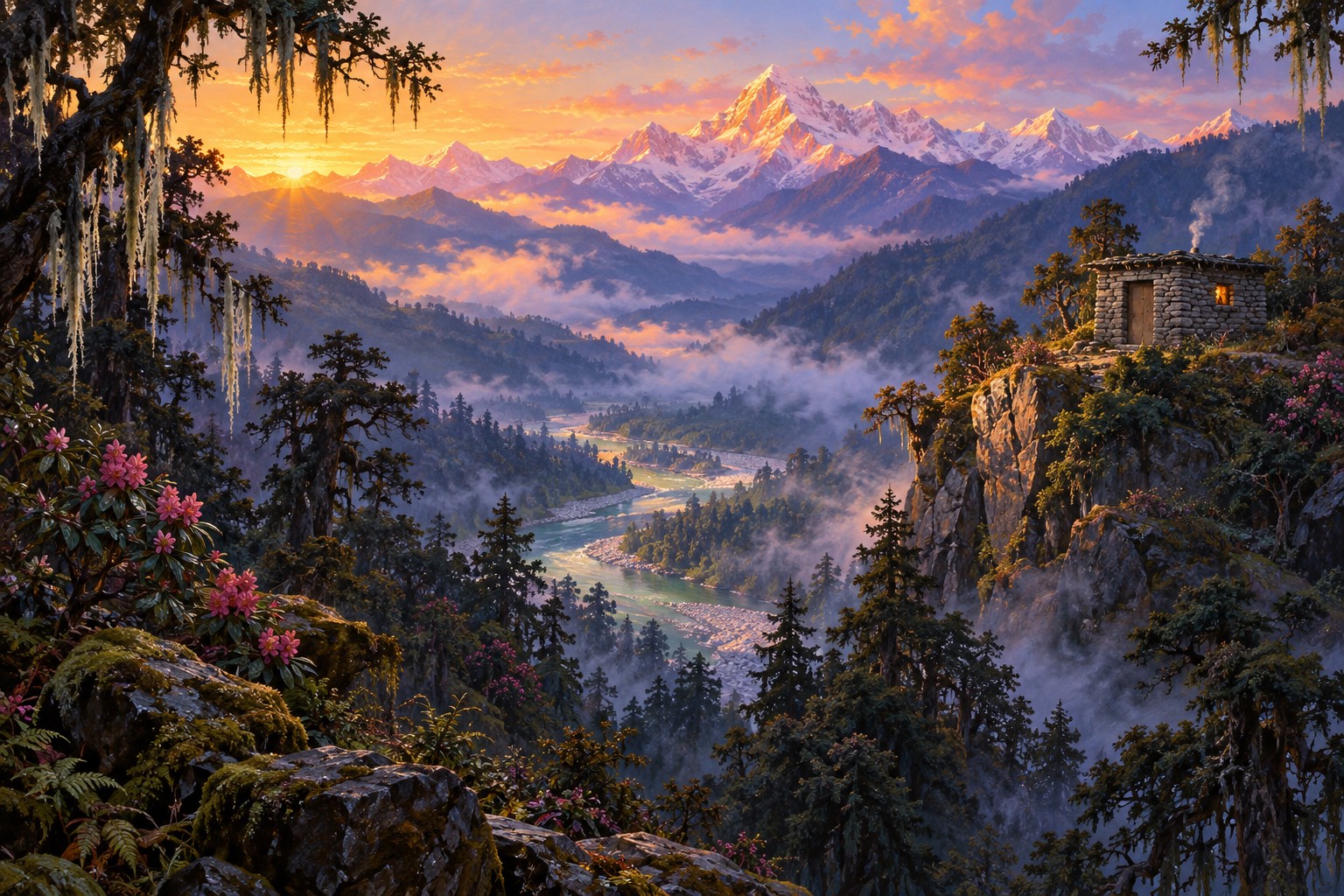A tiny stone hermitage with a clay-sealed door sits on a forested ridge at dawn, a faint lamp glowing in its window above misty valleys and rose-lit snow peaks.