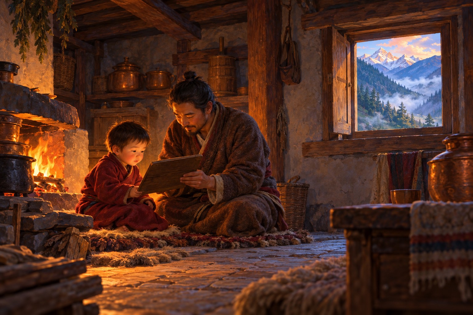 In a firelit wooden house, a small boy in a dark red robe gazes at a writing board his father holds turned toward him.