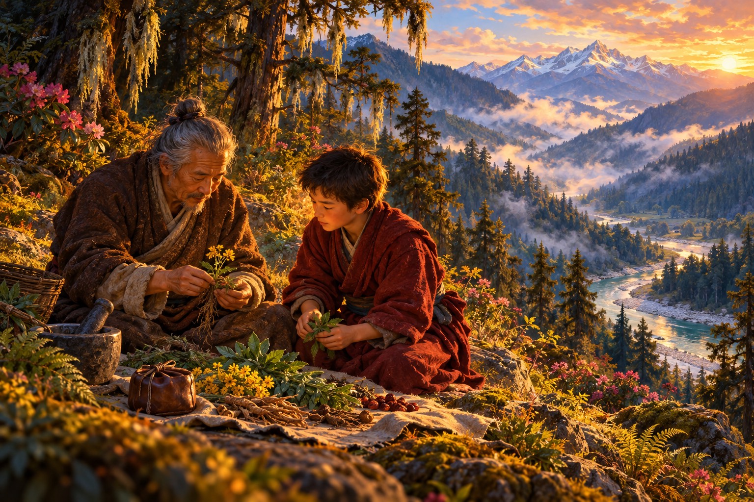 A youth in a dark red robe kneels with an elderly physician on a sunlit forest slope, studying medicinal herbs laid on a cloth.