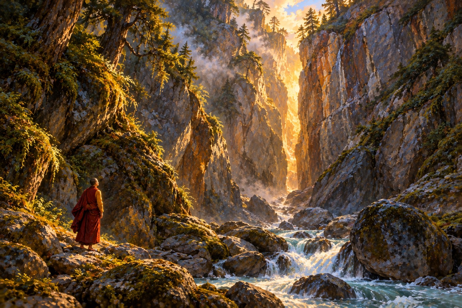 A tiny monk in maroon robes stands at the foot of a towering, iron-stained rock gorge, looking up at a cleft that glows with golden light.