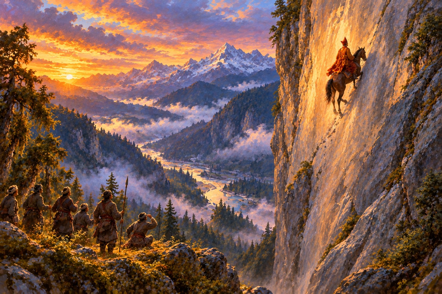 At dusk a small rider in a red pointed hat climbs a sheer, mirror-smooth cliff on horseback while guards below stare up in astonishment.