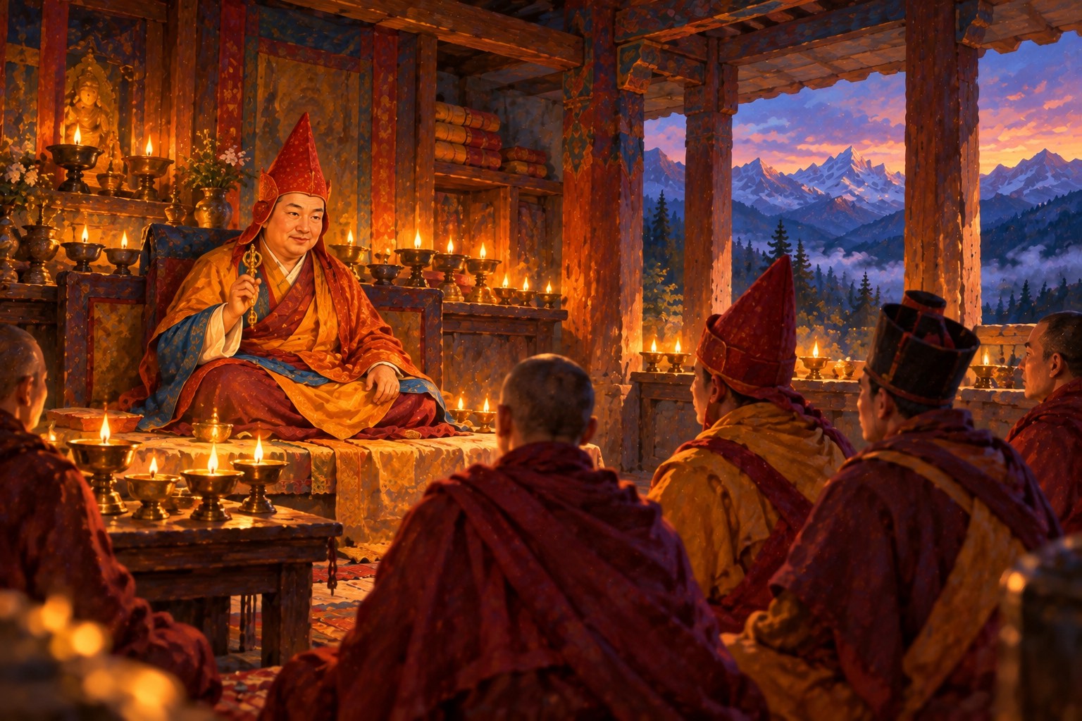 In a lamp-lit wooden hall, a round-faced master in a red pointed hat raises a small vajra as he teaches monks and visiting lamas.