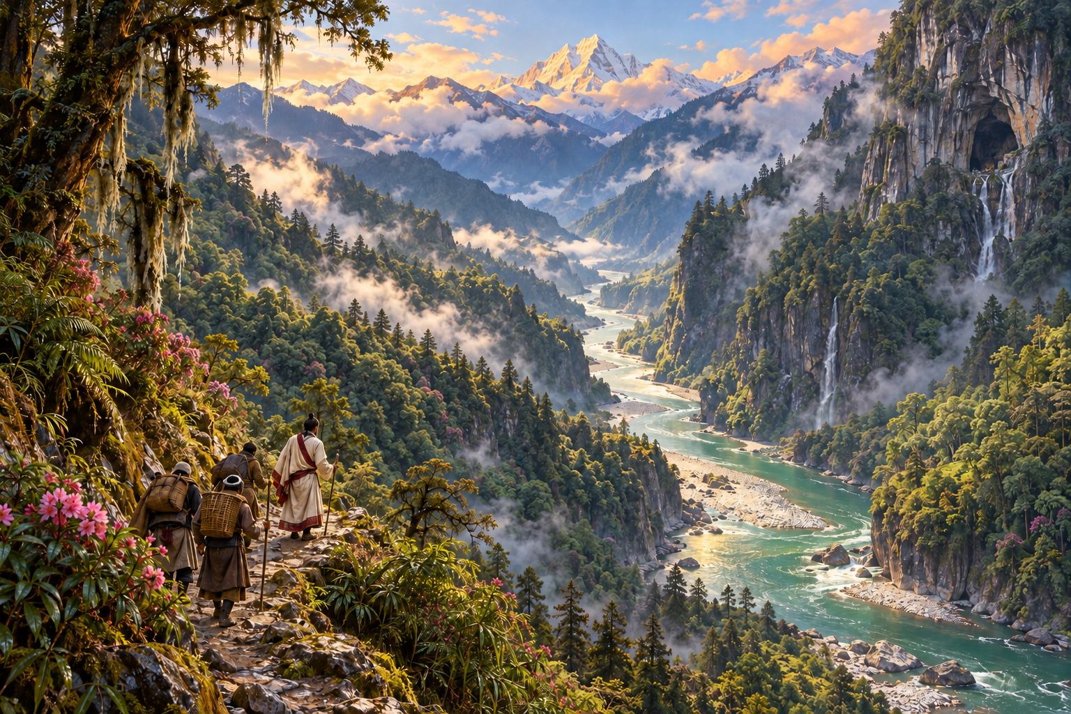 Seen from high above, tiny travellers follow a narrow path along a vast misty river gorge toward green, cloud-filled valleys.