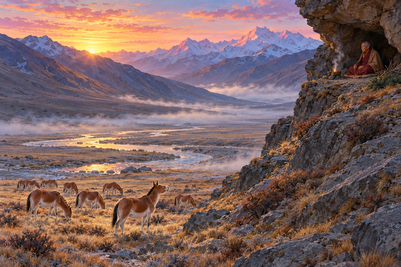 Dawn over a long, bare mountain valley. Chestnut wild asses graze in the frosty grass in the foreground, and far up the slope a tiny figure in a brown cloak sits under a rock overhang beside a thread of smoke, with pink snow peaks behind.