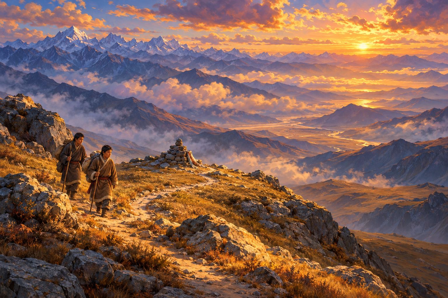 An aerial view of a winding footpath over a grassy mountain pass in golden light, with two tiny travellers carrying bundles and sticks, and blue ranges fading away beyond.