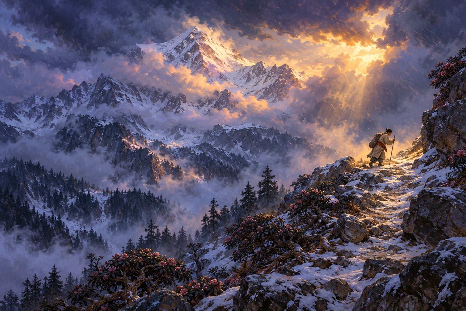 At stormy dusk, a lone pilgrim leans on a stick as he climbs a rocky path through dark fir forest toward a snowy pass, a shaft of warm light breaking through the clouds ahead of him.