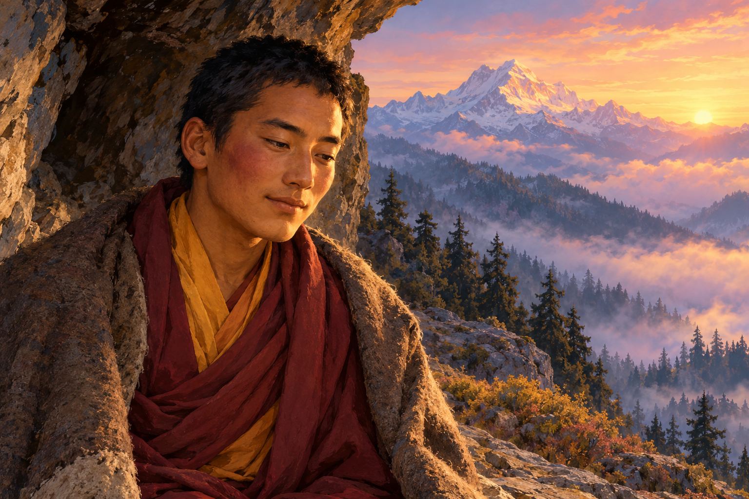 Close portrait of a young man in faded maroon robes and a felt cloak at the mouth of a rock shelter at dawn, his face thin, calm and quietly content, misty forest behind him.