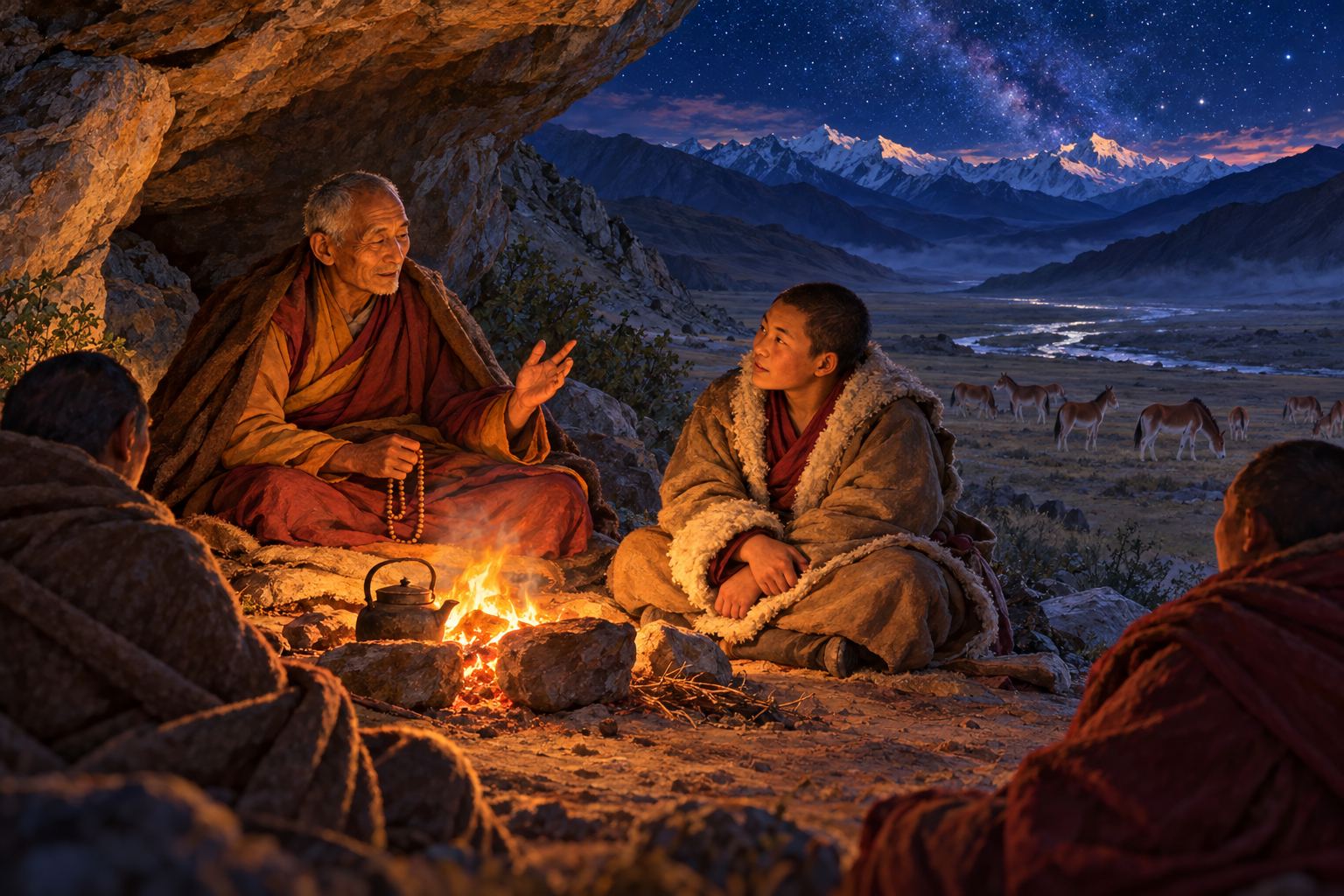 At night under a rock overhang, an old teacher in a felt cloak speaks across a small fire to a round-faced youth leaning in to listen, with a few cloaked students in the shadows and a starry sky above the valley.