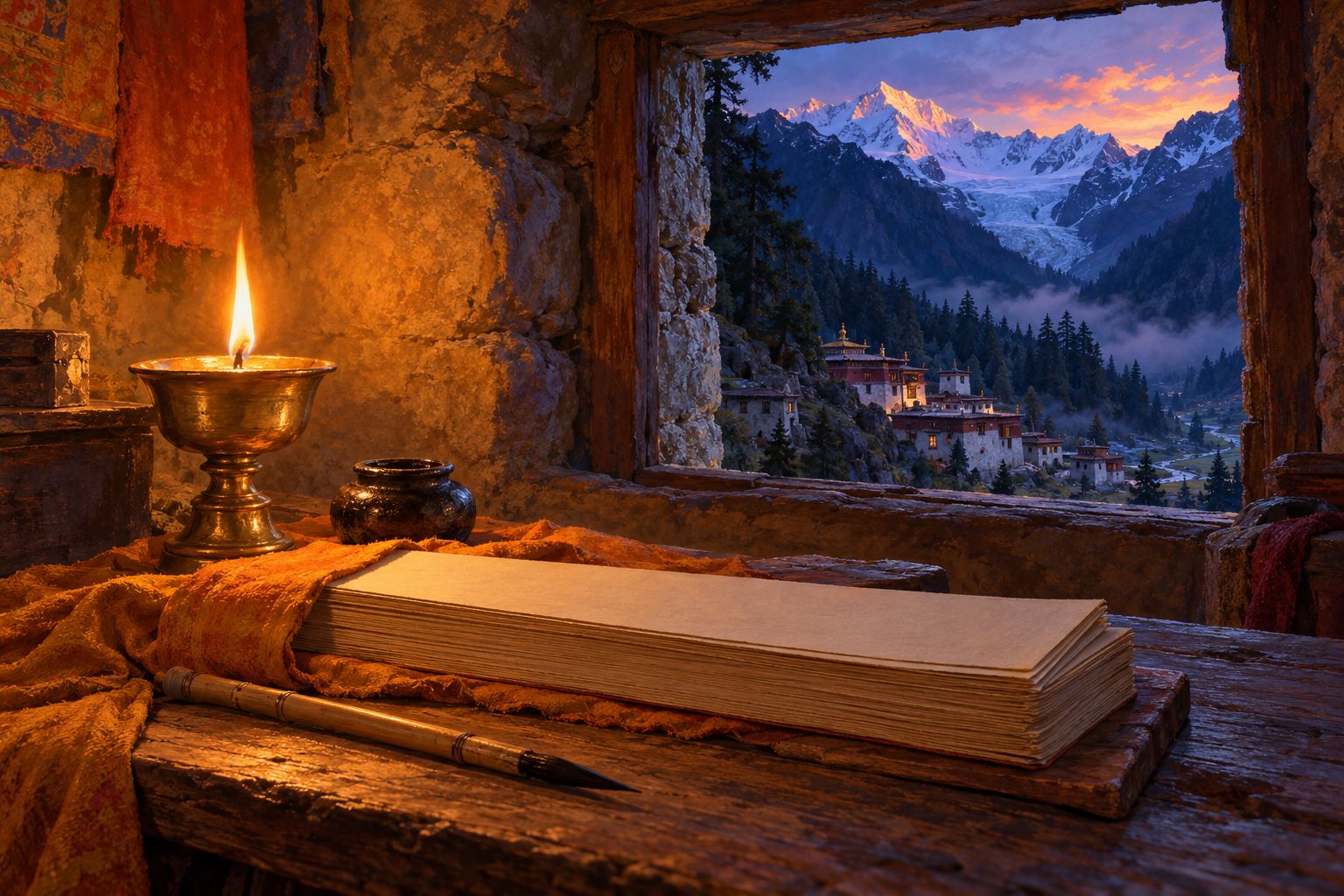 Close-up of a stack of long, blank book pages half wrapped in faded saffron cloth beside a bamboo pen, an ink pot and a butter lamp, a small window showing a blue evening and a glacier.
