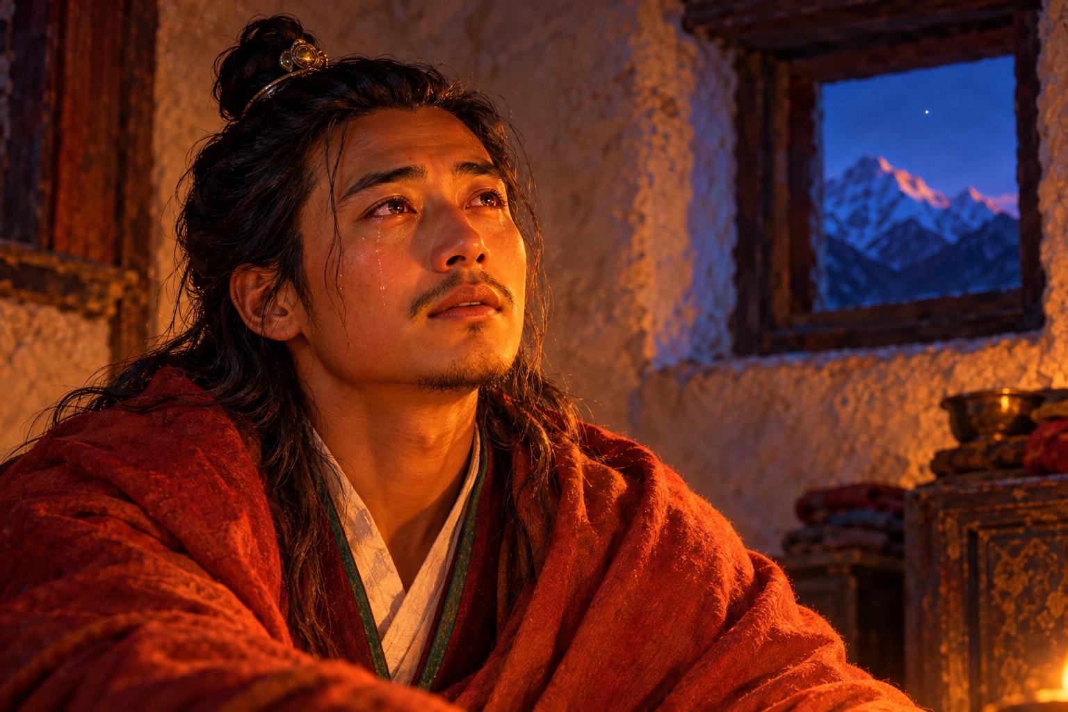 Close portrait of a young man with long hair tied in a topknot, his eyes lifted and wet with tears, lit warmly from below by a small lamp in a dark stone room with a blue twilight window.
