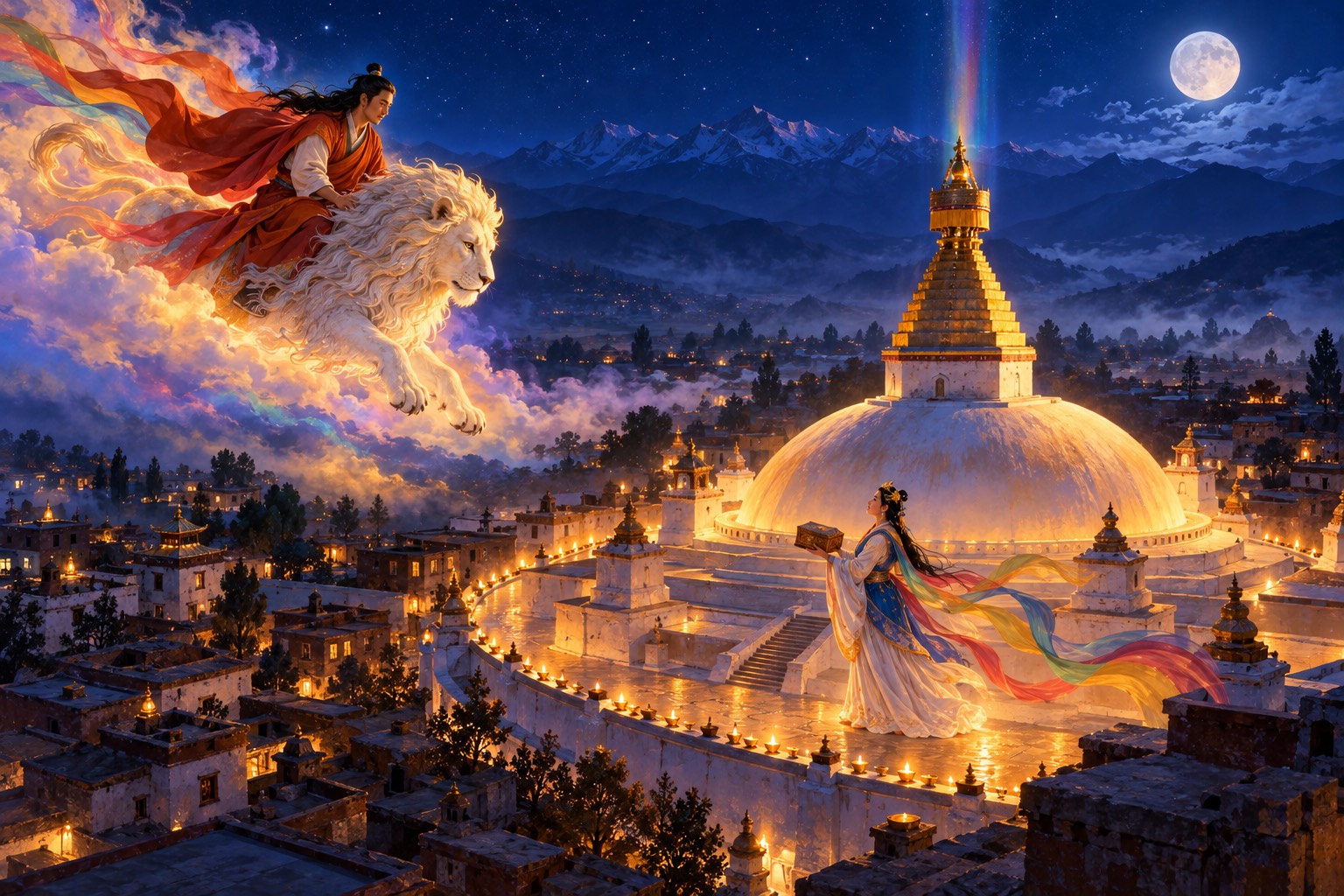 Seen from high above at night, a great white stupa glows under a full moon. A small figure riding a white lion glides down through the stars towards a dakini in white and blue silks who waits on the path with a small casket.