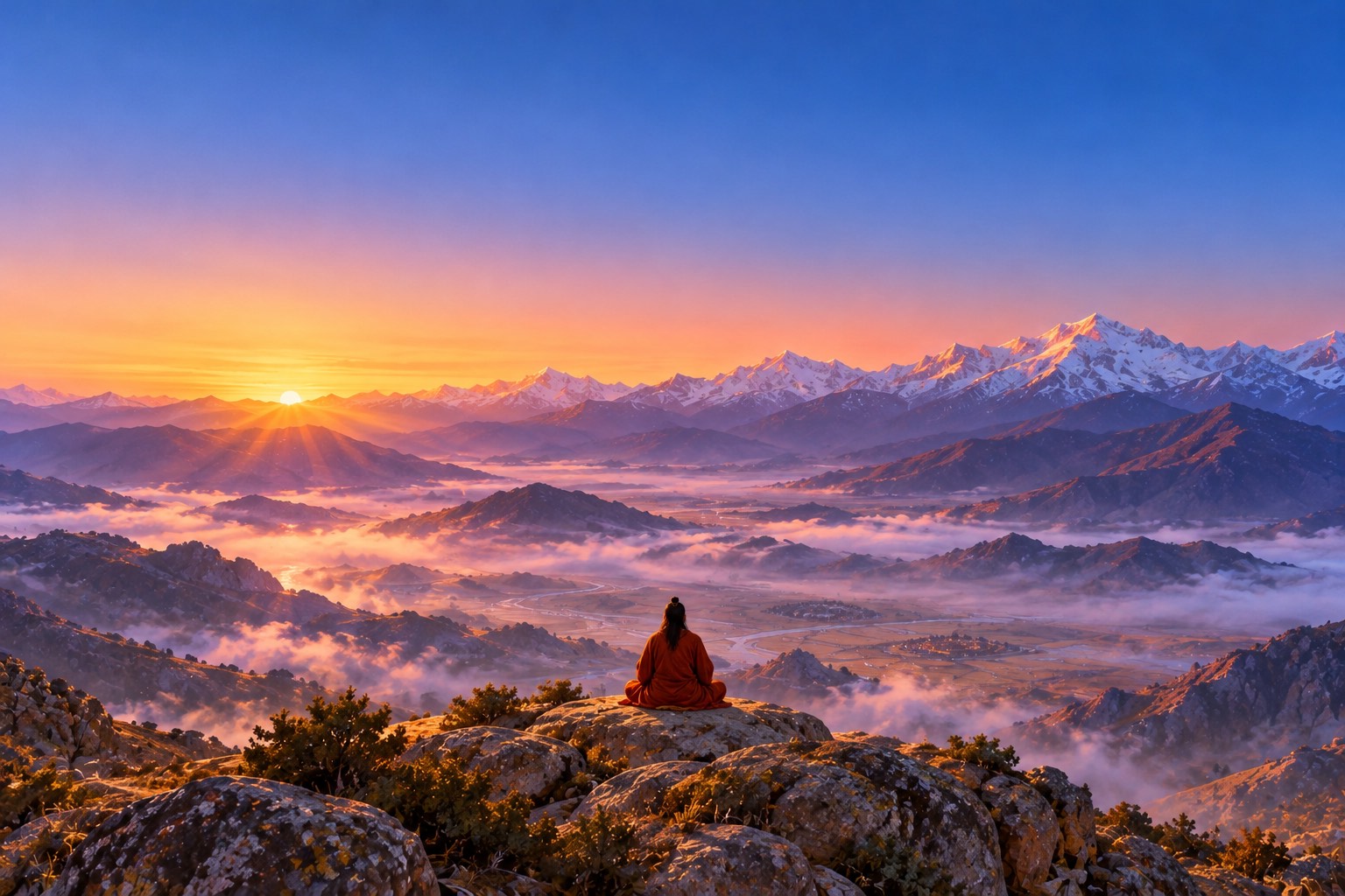 A tiny seated figure in a red-orange cloak, seen from behind on a granite outcrop at dawn, faces a valley filled with lavender mist and distant rose-gold snow peaks under a vast, cloudless sky.