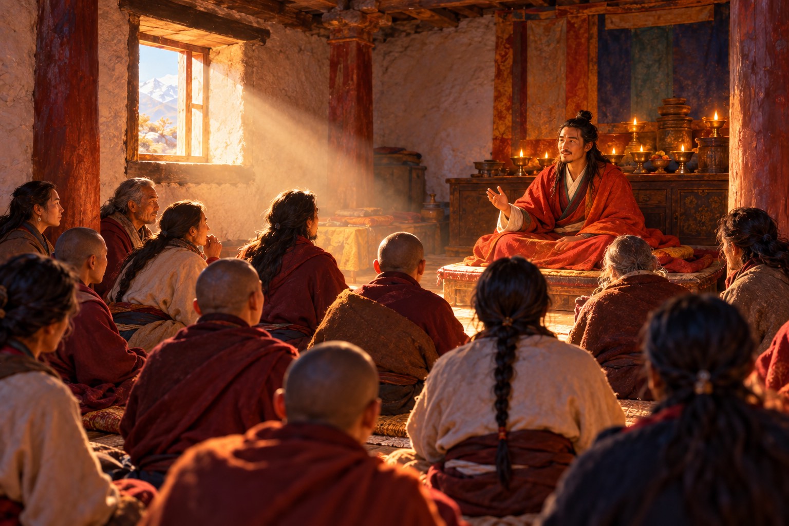 A small room seen over the backs of seated listeners in plain wool robes. Facing them on a low cushion, a long-haired teacher in a red-orange cloak speaks with one hand gently raised, lit by a shaft of morning light and butter lamps.