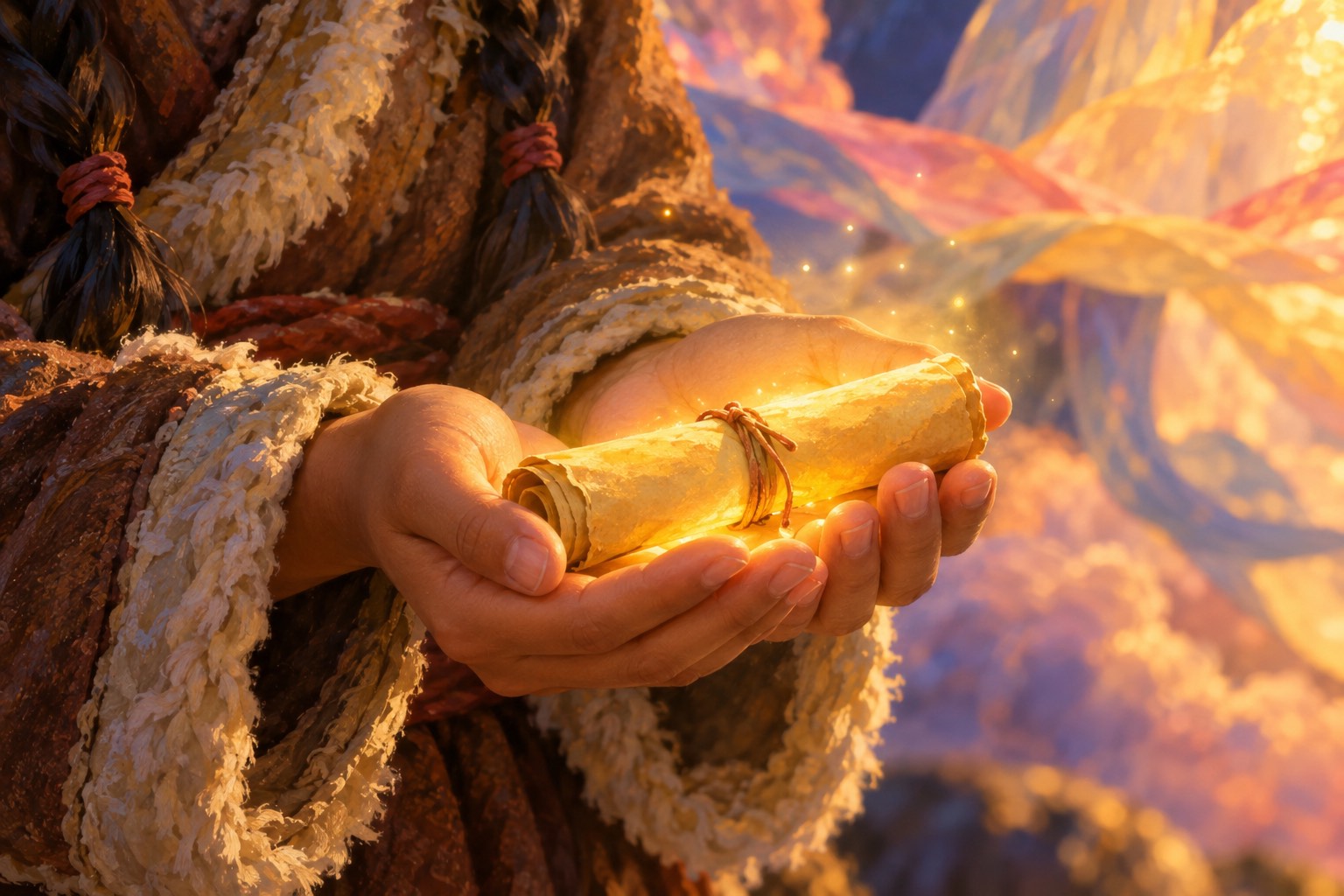 Close-up of a girl's cupped hands holding a small rolled yellow scroll tied with cord. A soft golden glow rises from it and lights her fingers against a dark blue background.
