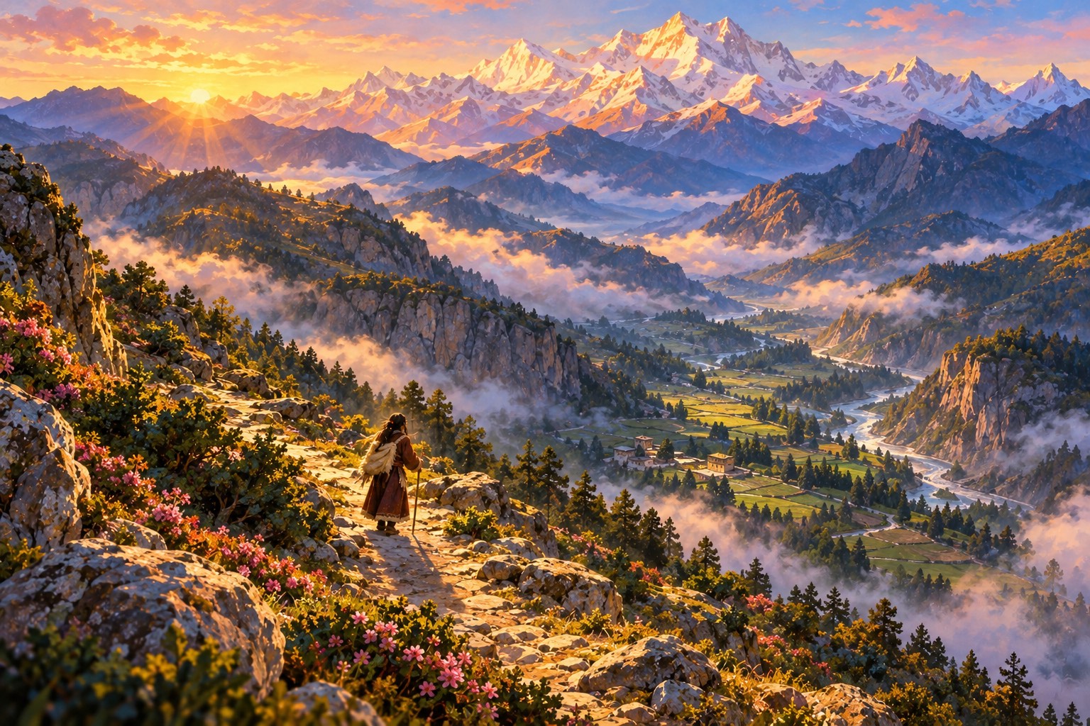 A high view at dawn over mist-filled valleys and a long ridge path. A tiny figure with a bundle and staff walks alone westward toward green valleys and a snow massif glowing pink on the horizon.