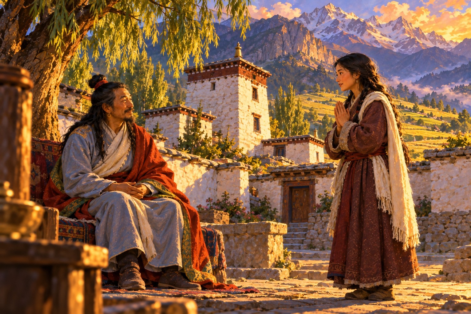 In the courtyard of a small whitewashed temple tower, a long-haired man in a pale blue robe and red-orange shawl sits beneath a willow and turns warmly toward a young woman in a maroon robe and white shawl, who stands with palms joined.