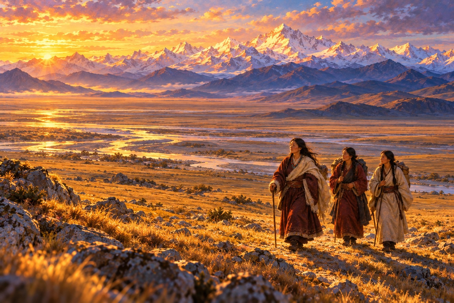 A vast golden plain with a shining braided river and a long wall of snow mountains on the horizon. Three small women in maroon, red and cream robes walk together along a faint track.