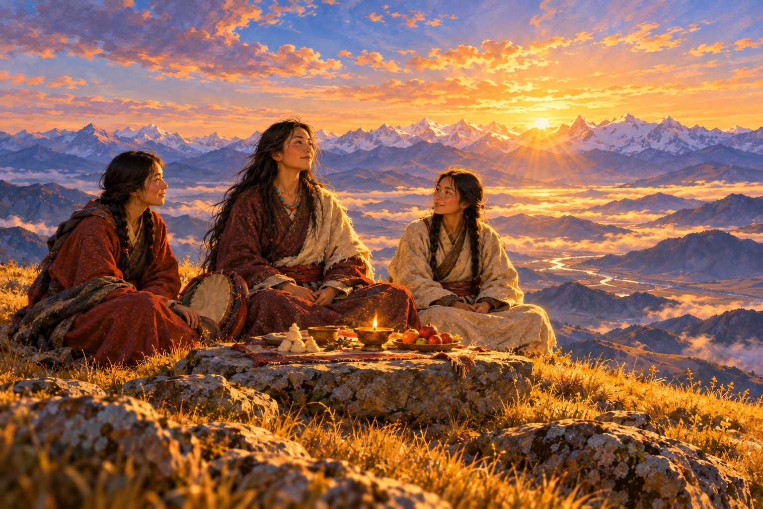 Seen from below at dawn, three women sit on a grassy mountaintop against a glowing sky, the woman in the centre in a maroon robe and white shawl, with a simple offering of small dough cakes, fruit and a lamp on a flat stone before them.