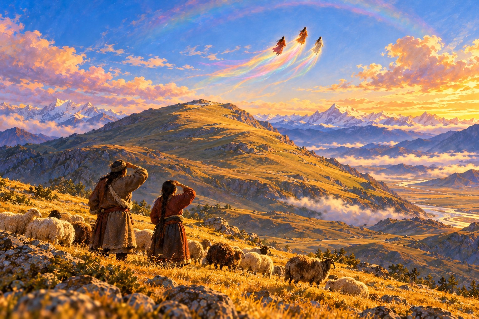 Seen from the slopes below, two herders among their sheep shade their eyes and look up at a grassy summit. High in the bright sky above it, three tiny robed figures rise like birds, trailing a faint rainbow light.
