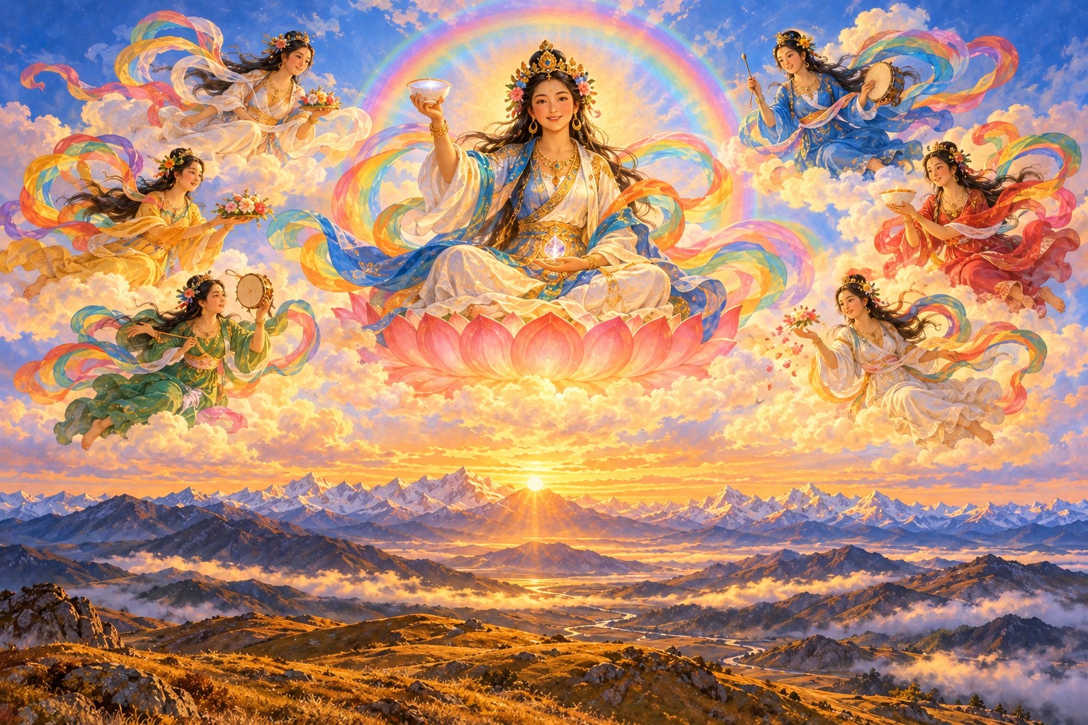 Yeshe Tsogyal, a radiant woman in white, blue and gold silks with a golden flower diadem, sits on a lotus in a soft rainbow sphere above the clouds at dawn, holding a white skull cup and a glowing jewel, with smaller dakinis in coloured silks floating around her.