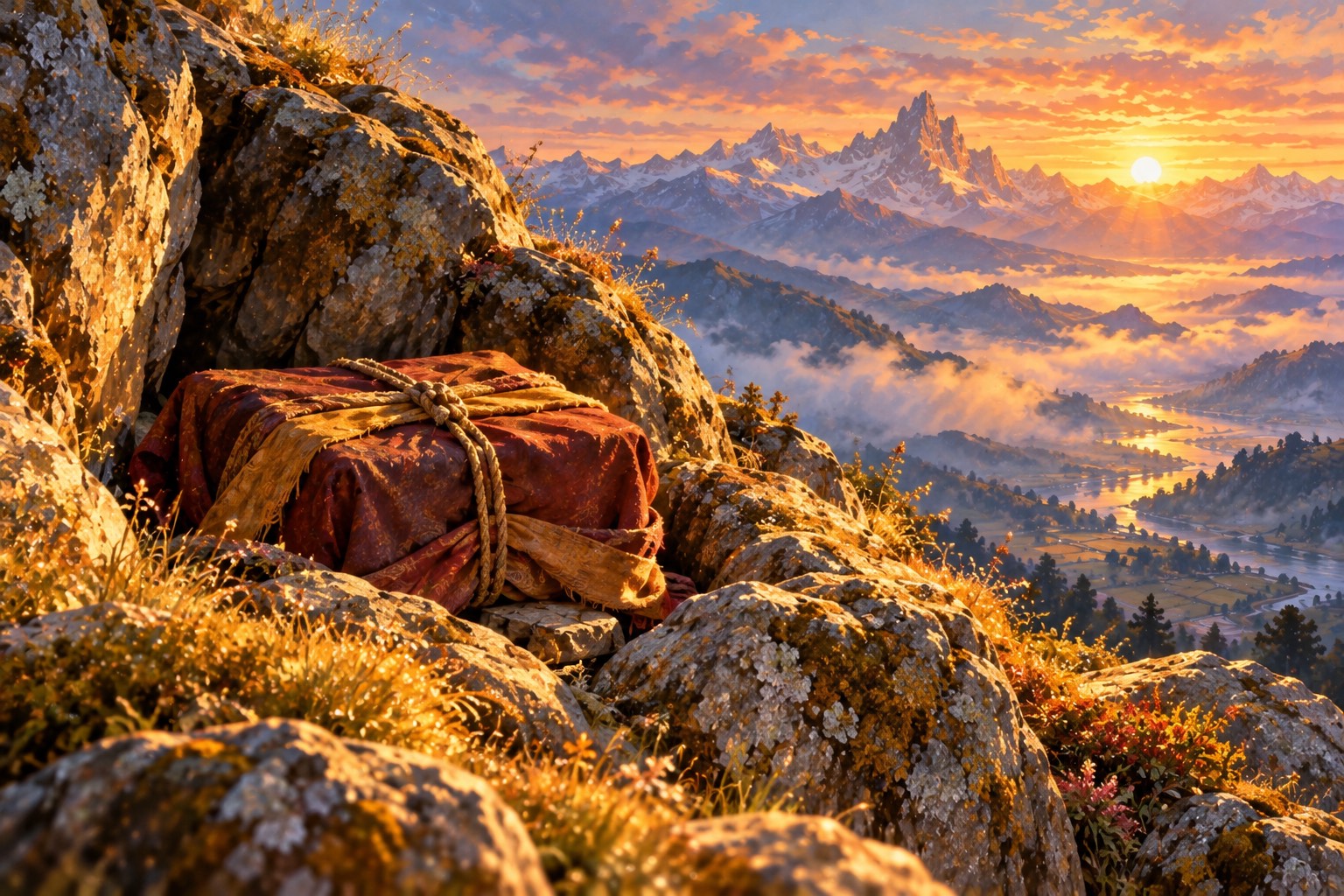 A small casket wrapped in faded maroon and saffron cloth lies in a cleft of grey rock, lit by low sunrise light, with mist and far snow peaks beyond.