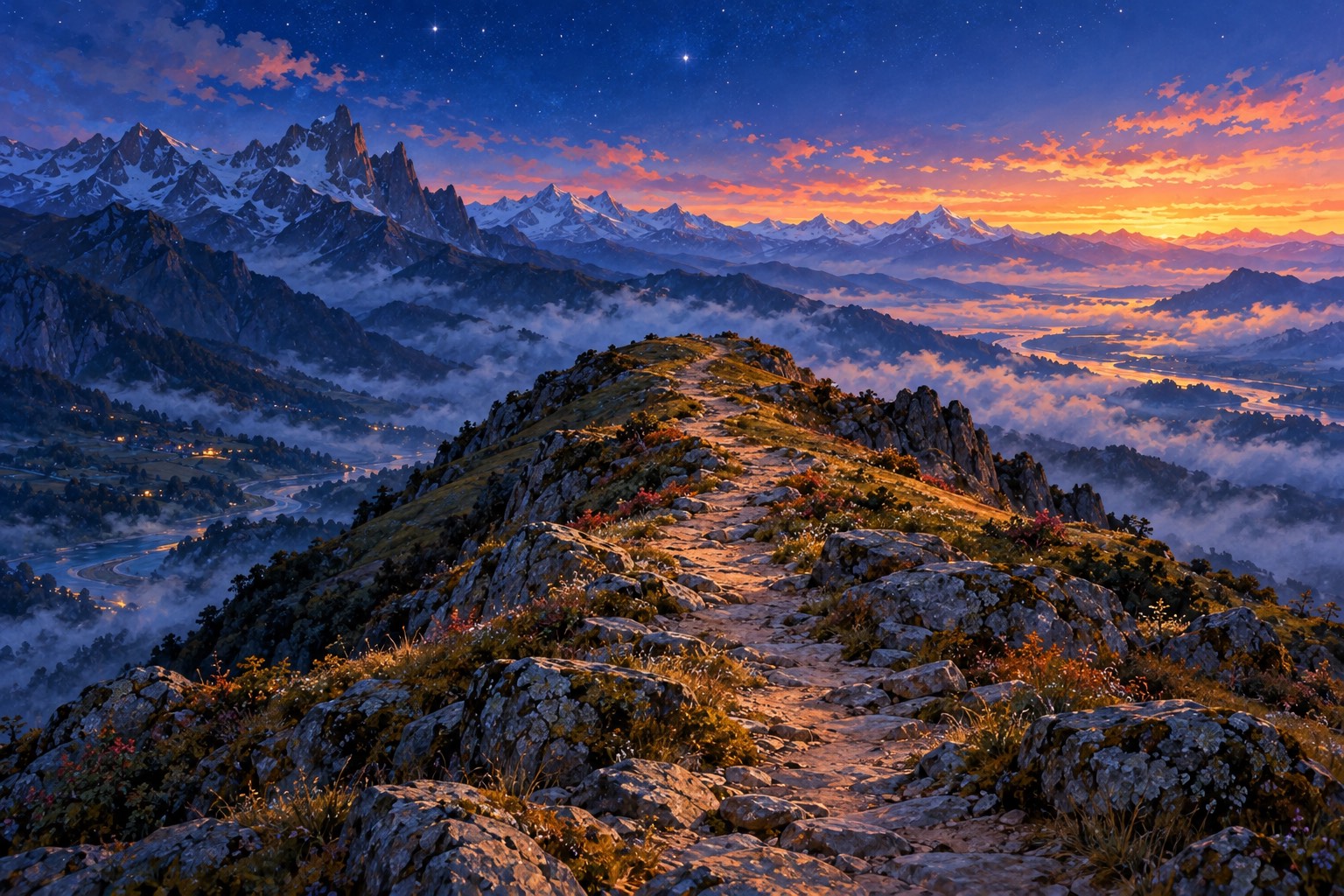 A pale footpath crosses a high mountain saddle at blue hour, between a darkening valley with a few warm lights and another valley hidden in lavender mist, under the first stars.