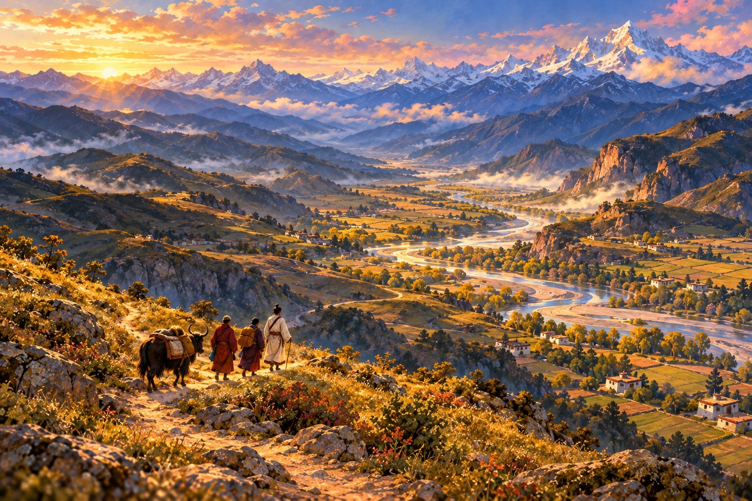 An aerial view of folded Tibetan valleys in golden afternoon light, where a tiny party of three travellers and a yak follow a winding trail eastward toward distant snow mountains.