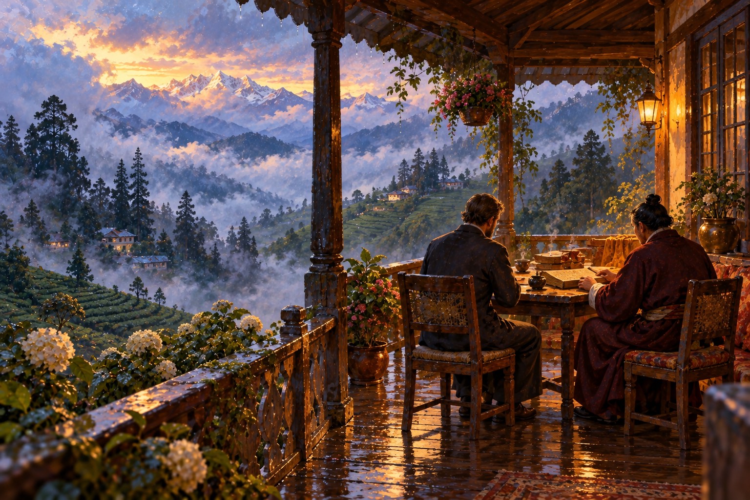 Two men seen from behind sit at a table on a misty hill-station veranda with a long Tibetan book between them, above tea gardens and faint snow peaks.