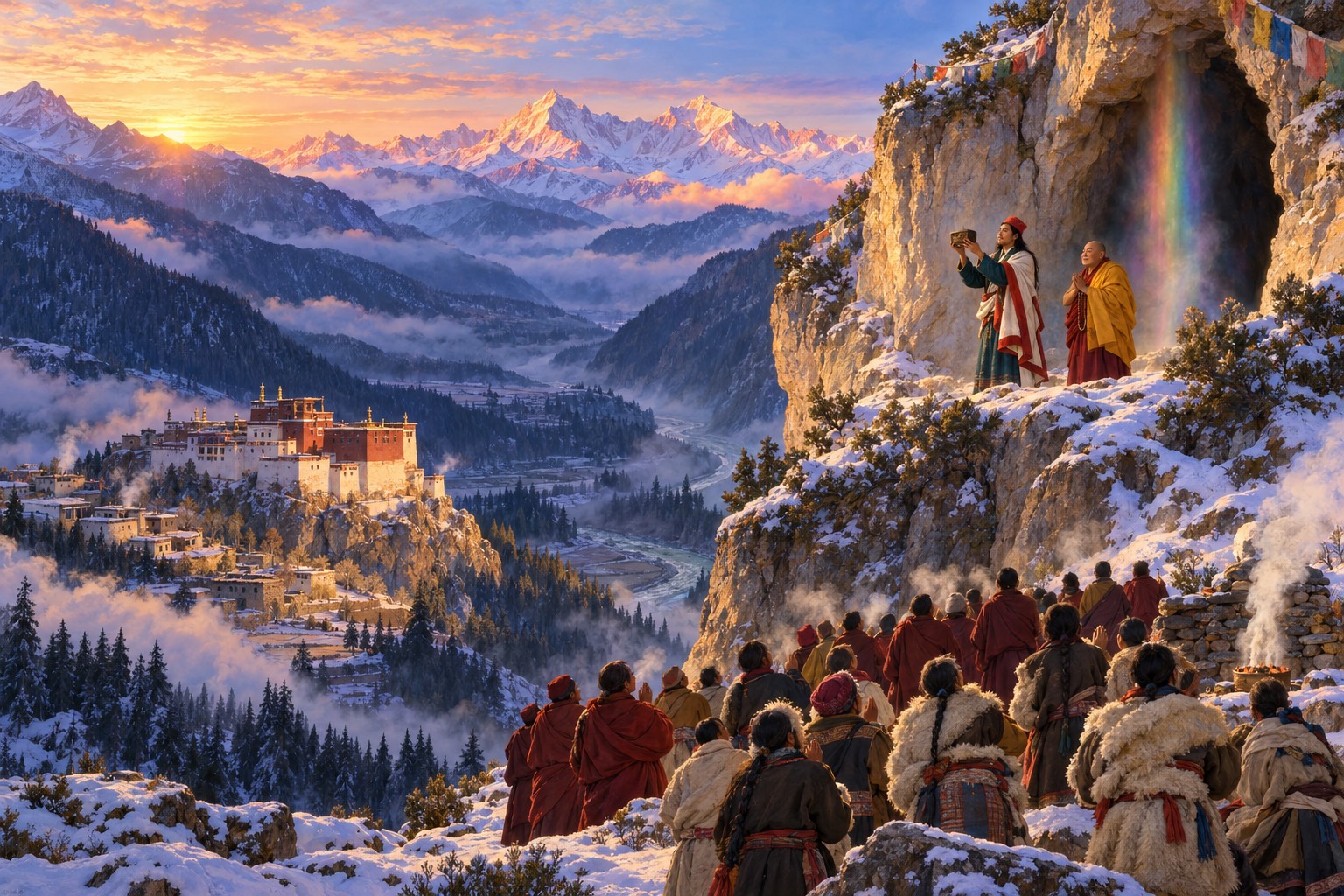 A pale cliff with a dark cave glows in rose-gold winter dawn above a snowy slope and misty forested valley. On a ledge before the cave two small figures hold up a small casket while a crowd below looks up.