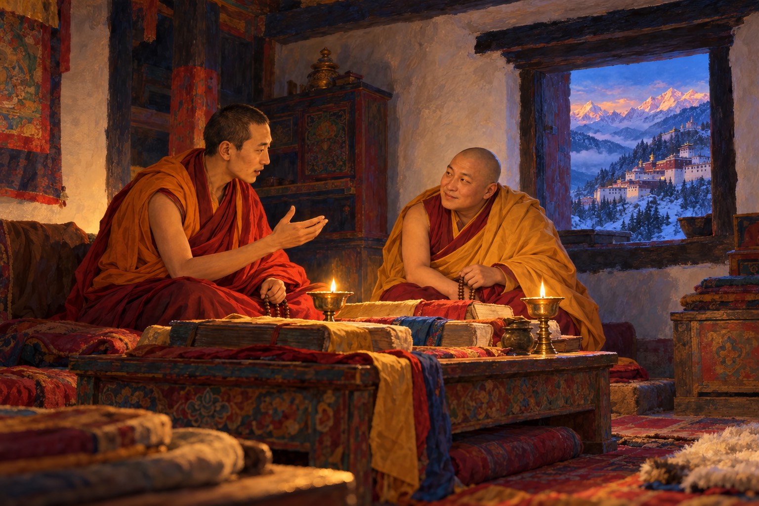 Two young monks sit across a low painted table in a lamp-lit monastery room. The older, slender one explains with a raised hand while the younger, round-faced one leans in and smiles, books wrapped in cloth between them.