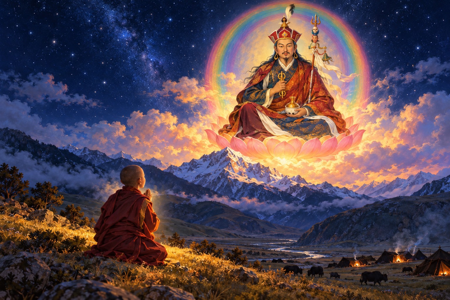 In a starry night sky above a dark mountain, Guru Rinpoche appears seated on a lotus inside a soft rainbow sphere. Below, a small boy monk kneels on a hillside with palms joined, looking up.