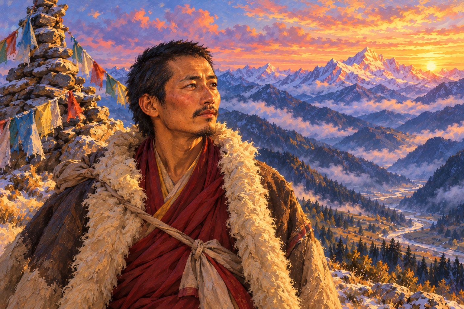 Head and shoulders of a lean young man with short dark hair and a sheepskin cloak on a mountain pass at dusk, tired but looking ahead with steady eyes, faded prayer flags and a snow peak behind him.