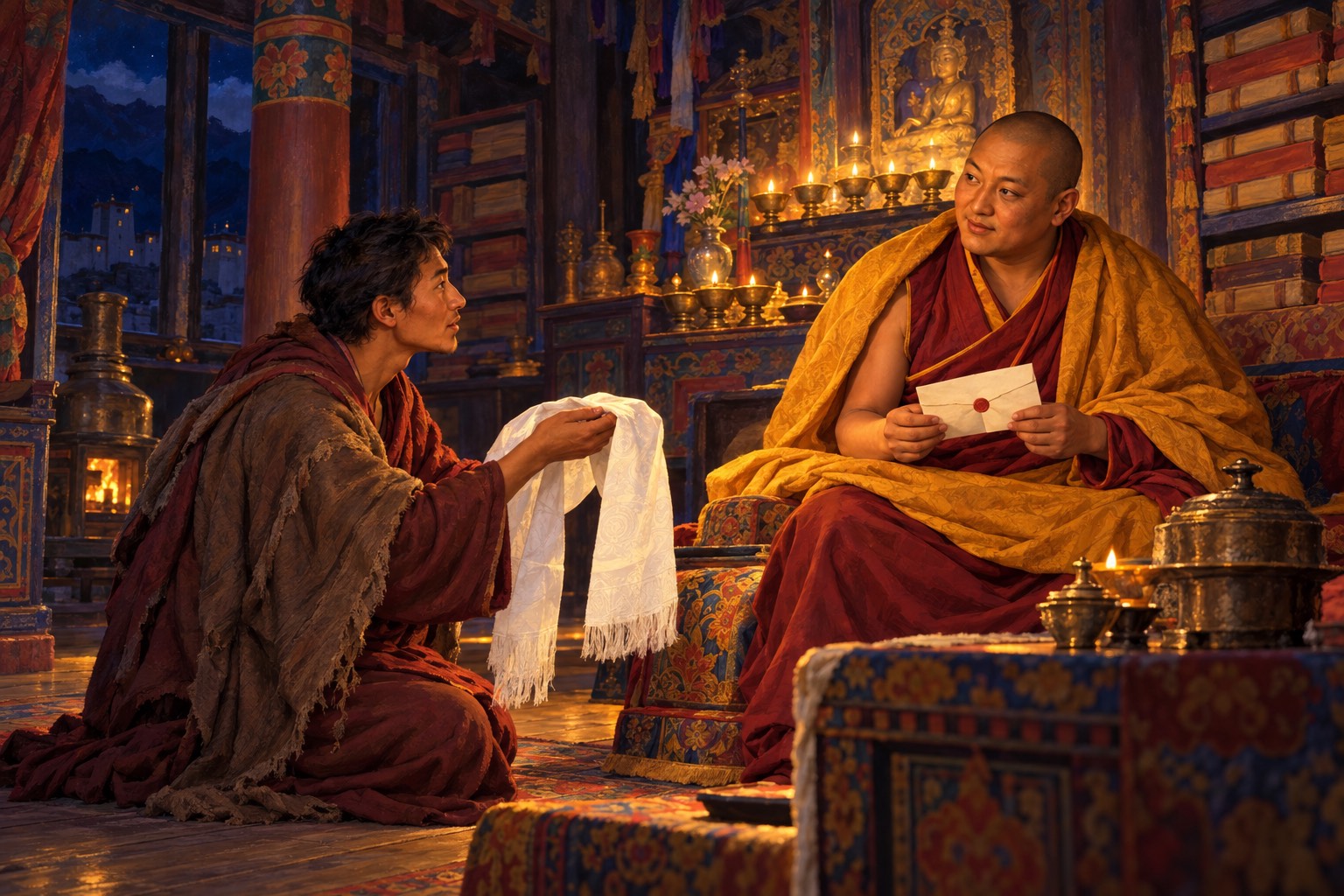 In a lamp-lit room a round-faced monk on a cushioned seat holds a sealed letter and looks up at a young man kneeling before him with a white scarf across his palms.