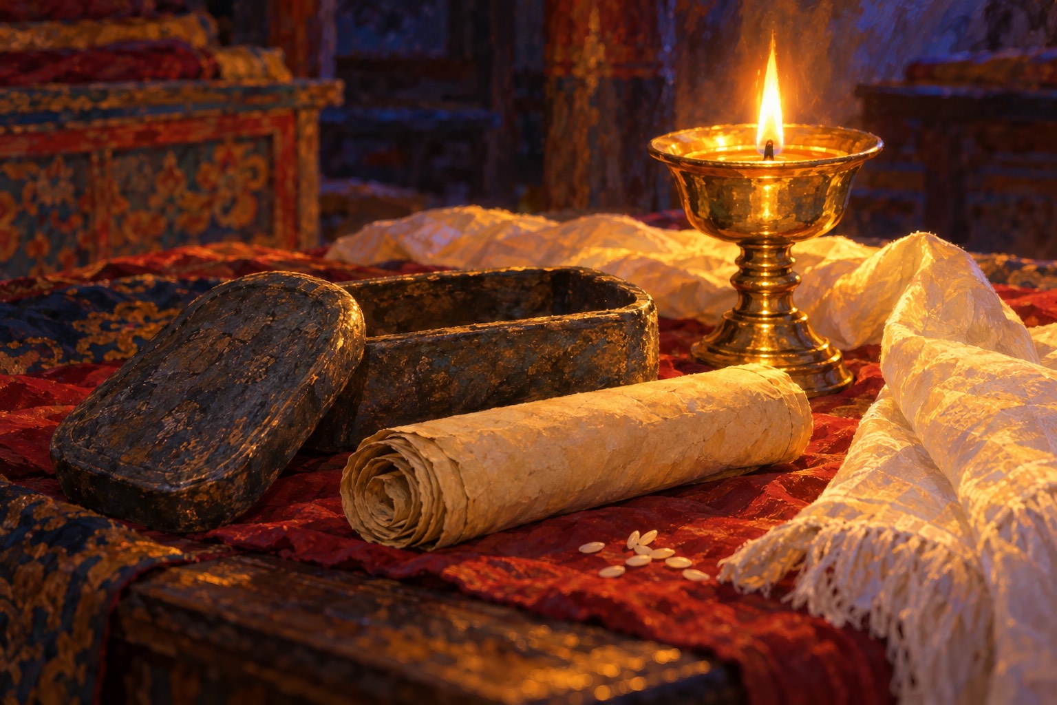 A small dark stone casket with its lid set aside and a rolled faded yellow scroll lie on a red cloth beside a single butter lamp, glowing in the dark.