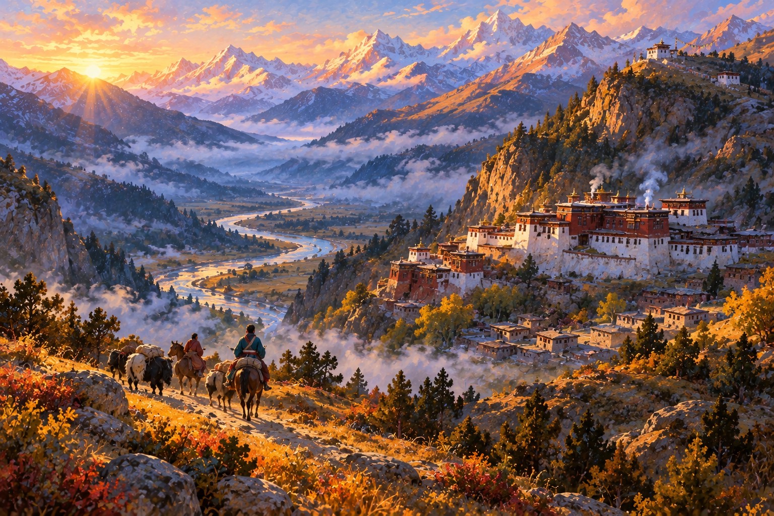 Seen from high above, a small line of riders and pack yaks crosses misty meadows toward an old white and red monastery on a valley slope, as first sunlight touches the snow peaks.
